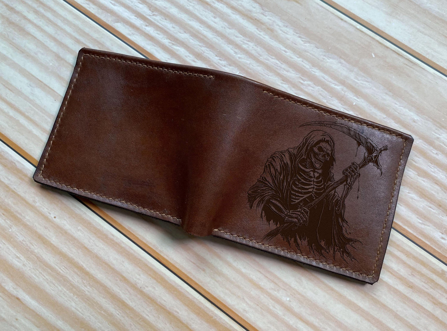 Grim Reaper Leather Wallet, Personalized Bifold Wallet, Handmade