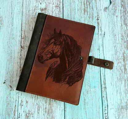Engraved Horse Leather Journal Cover: Custom A4 A5 Notebook