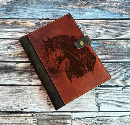 Engraved Horse Leather Journal Cover: Custom A4 A5 Notebook