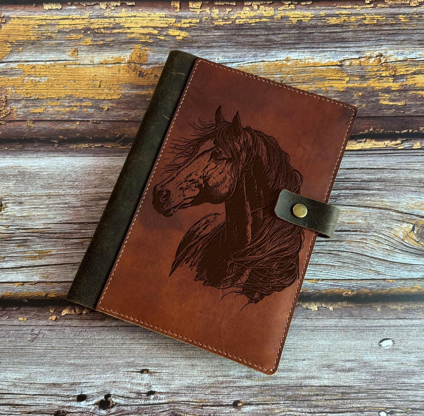 Engraved Horse Leather Journal Cover: Custom A4 A5 Notebook