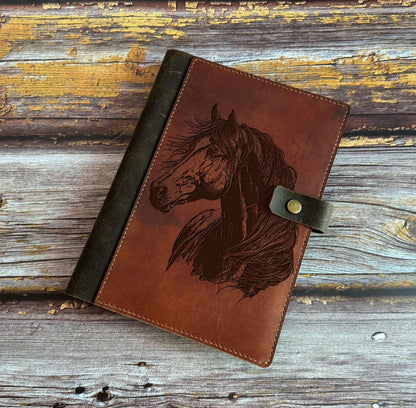 Engraved Horse Leather Journal Cover: Custom A4 A5 Notebook