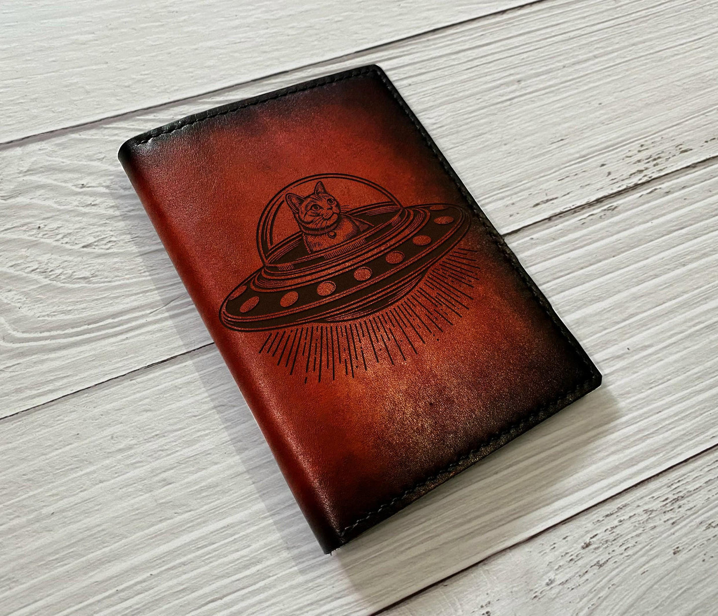 Handmade Leather Cat Ufo Wallet, Custom Engraved Anniversary Gift