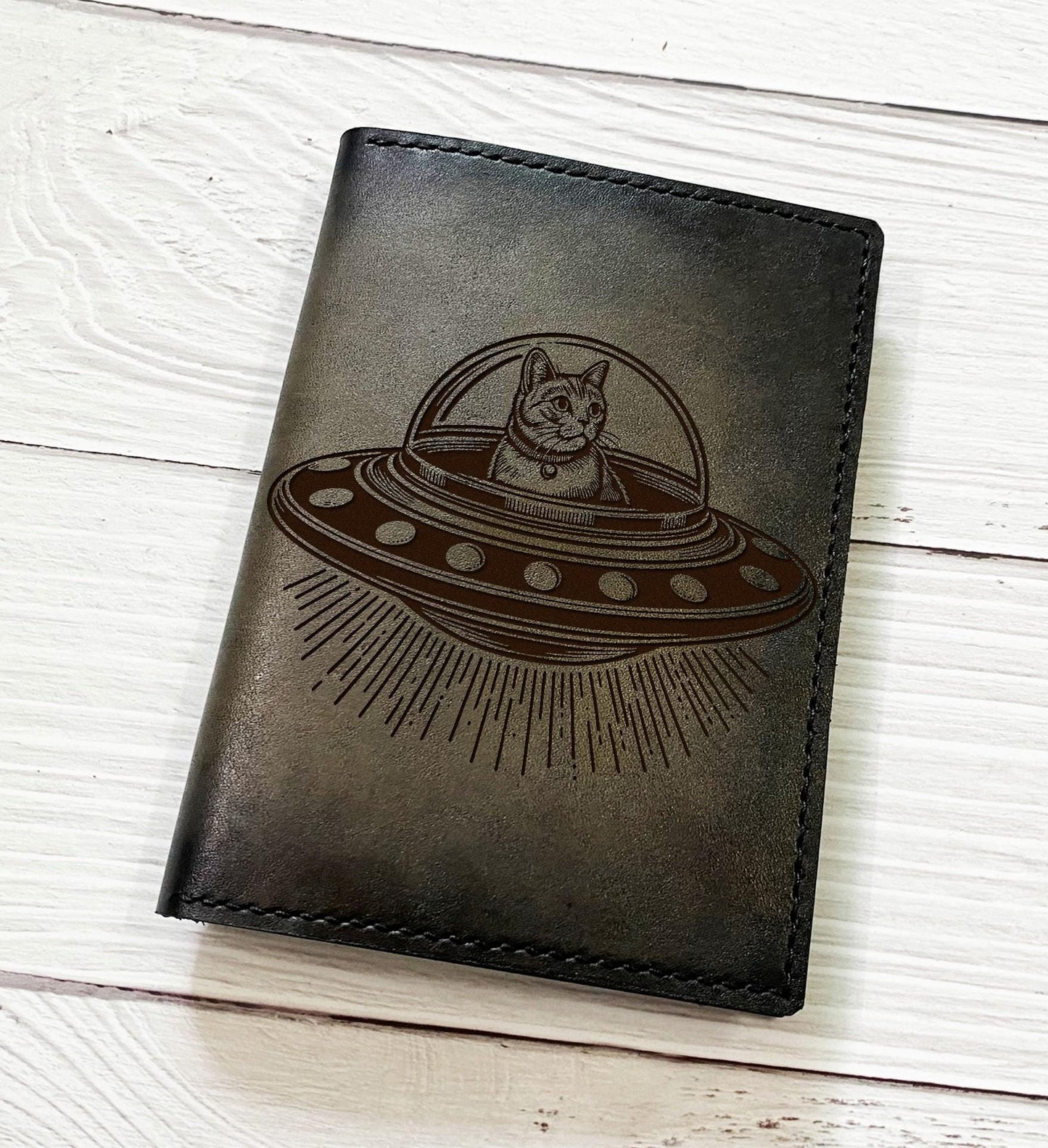 Handmade Leather Cat Ufo Wallet, Custom Engraved Anniversary Gift