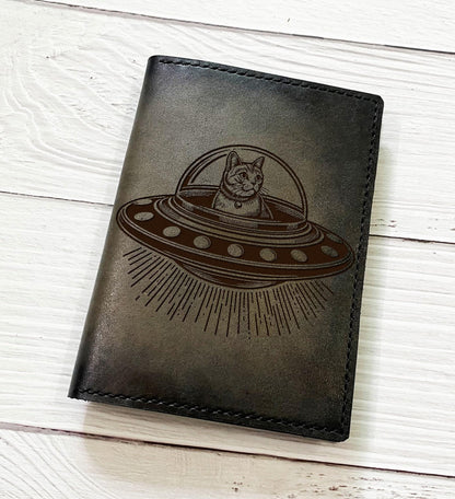 Handmade Leather Cat Ufo Wallet, Custom Engraved Anniversary Gift