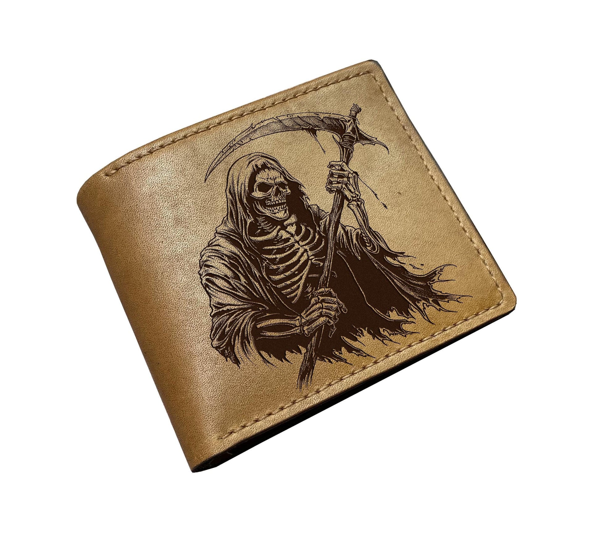 Grim Reaper Leather Wallet, Personalized Bifold Wallet, Handmade