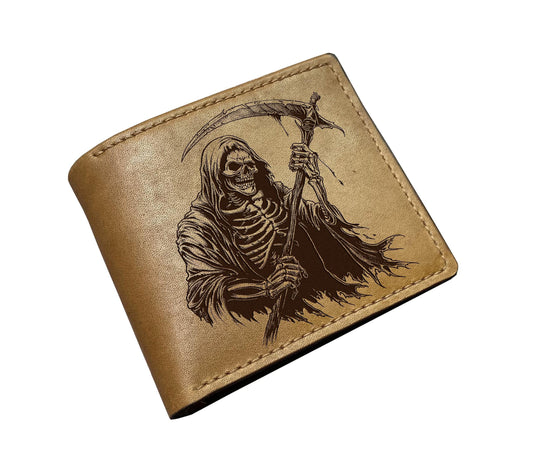 Grim Reaper Leather Wallet, Personalized Bifold Wallet, Handmade