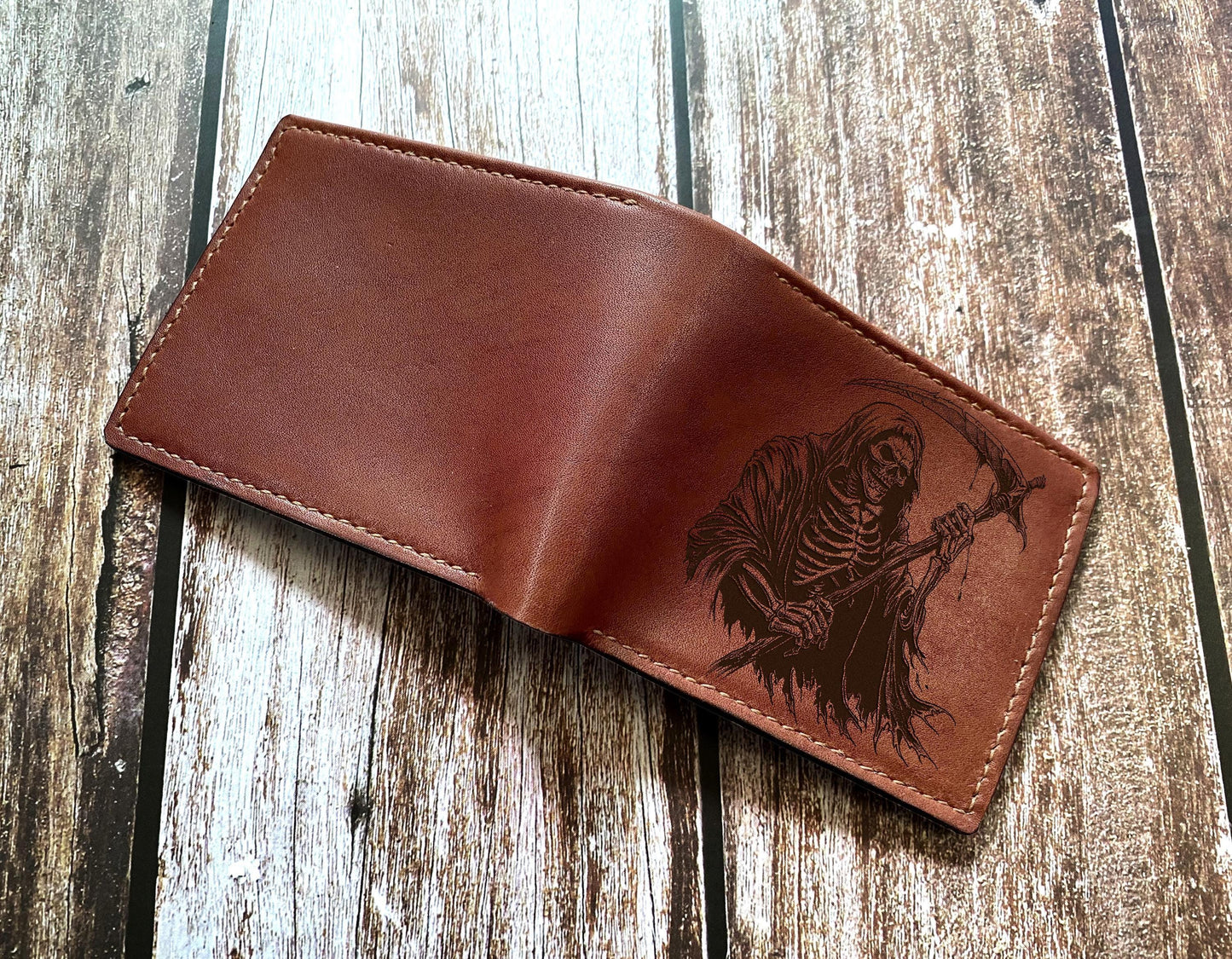 Grim Reaper Leather Wallet, Personalized Bifold Wallet, Handmade