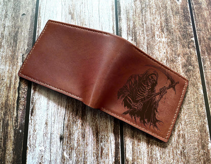 Grim Reaper Leather Wallet, Personalized Bifold Wallet, Handmade