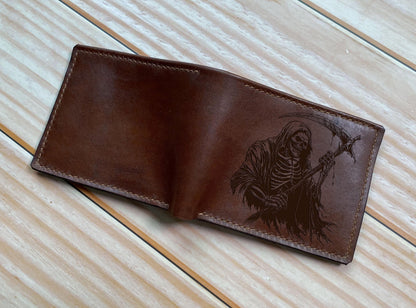 Grim Reaper Leather Wallet, Personalized Bifold Wallet, Handmade