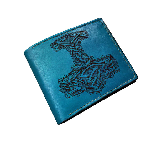 Handmade Leather Thor Hammer Wallet: Celtic Engraved Bifold