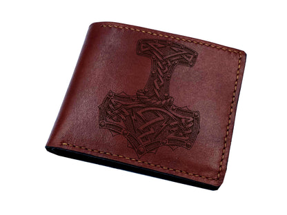 Handmade Leather Thor Hammer Wallet: Celtic Engraved Bifold