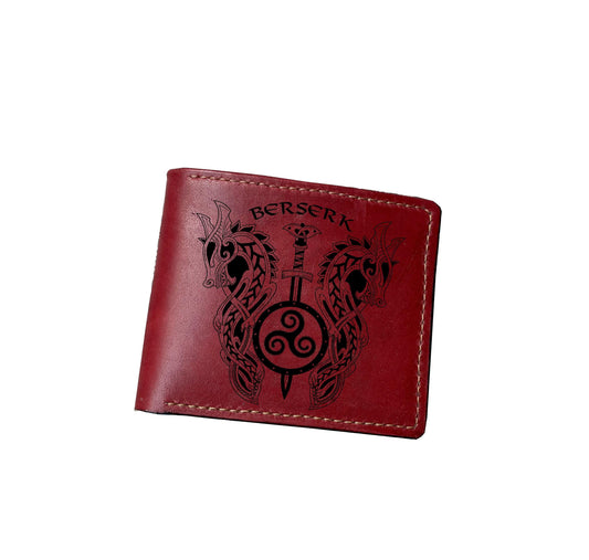 Handmade Leather Wallet, Celtic Viking Dragon Art, Personalized Gift