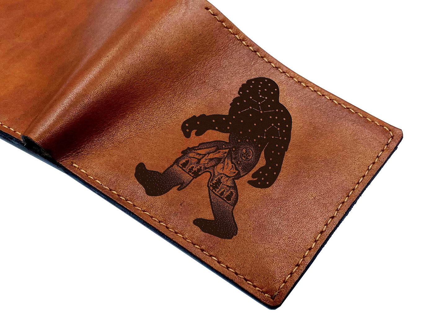 Bigfoot Leather Wallet: Sasquatch Art, Mythical Forest Creature Gift