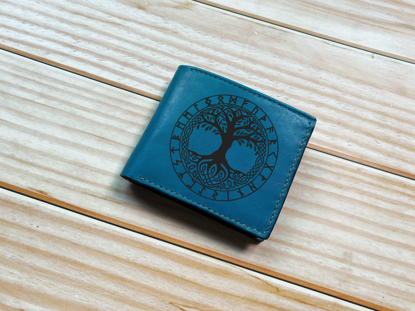 Custom Leather Wallet: Viking Tree Of Life Engraved, Personalized