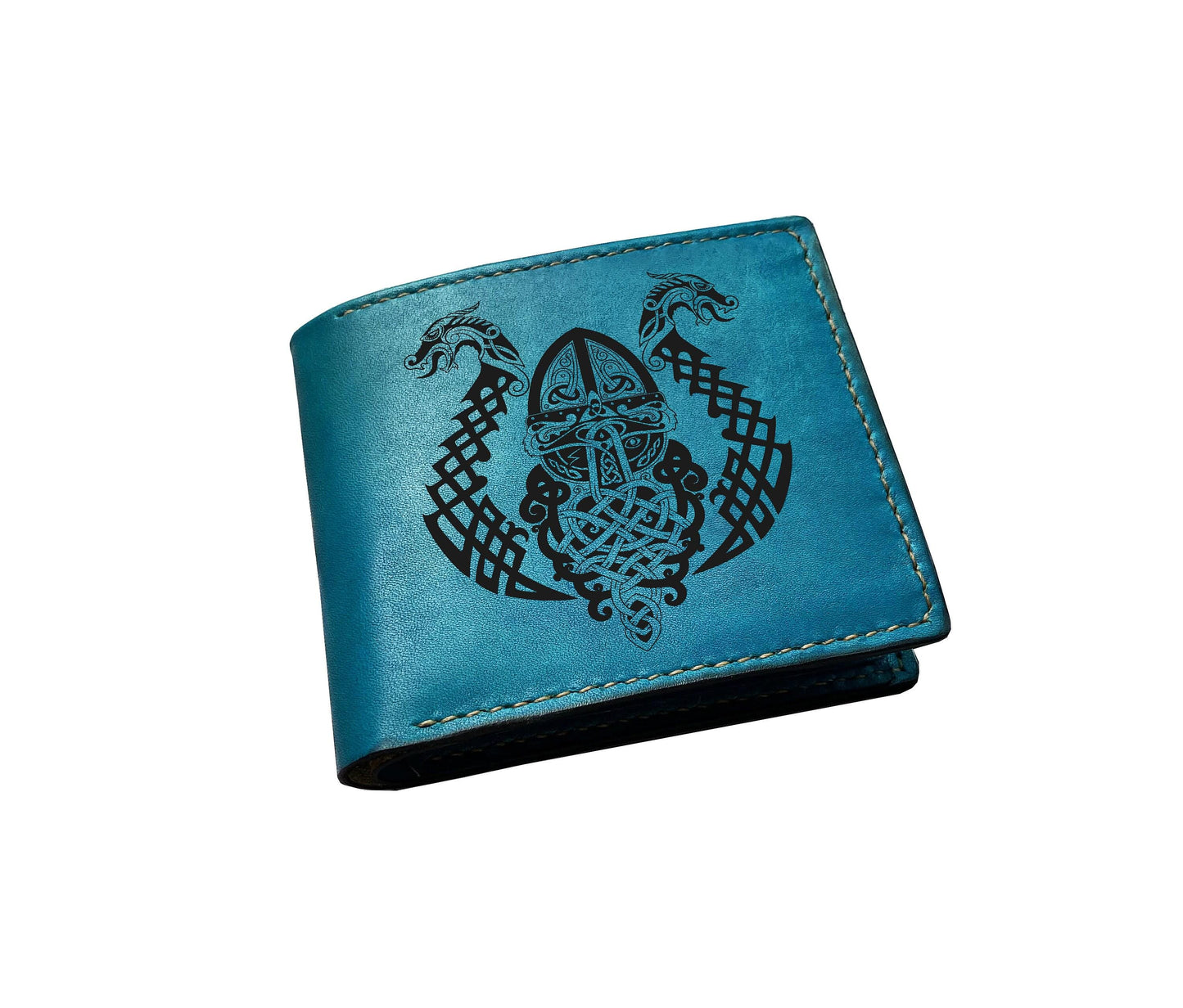 Handmade Leather Wallet, Celtic Viking Dragon Art, Personalized Gift