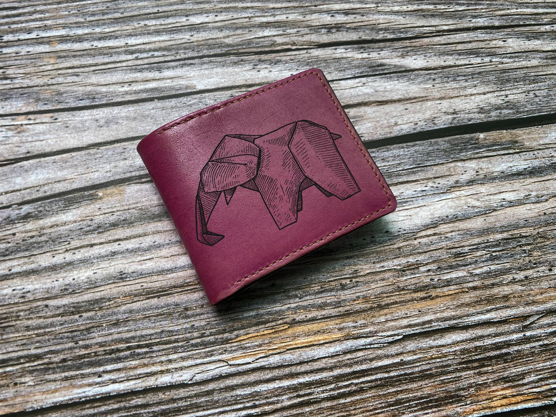 Minimalist Leather Bifold Wallet, Animal Engraved Gift