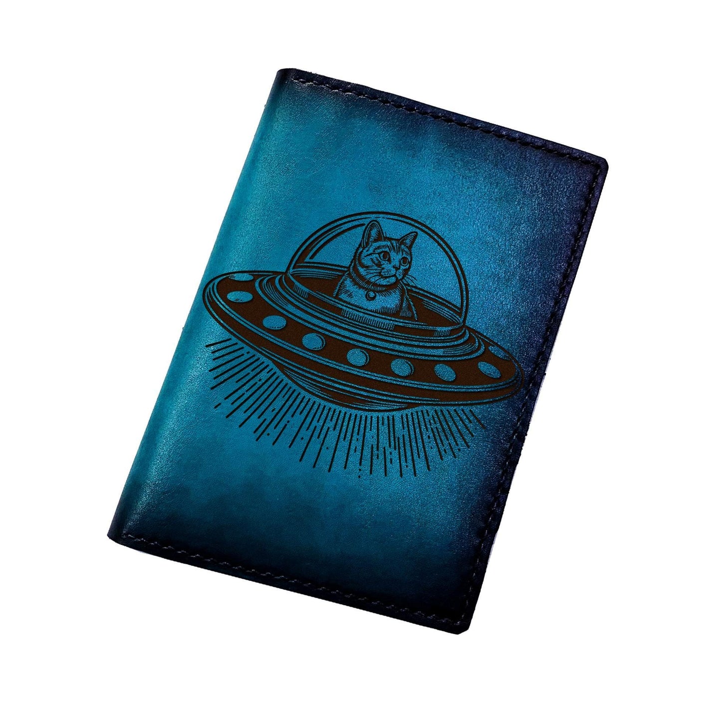 Handmade Leather Cat Ufo Wallet, Custom Engraved Anniversary Gift
