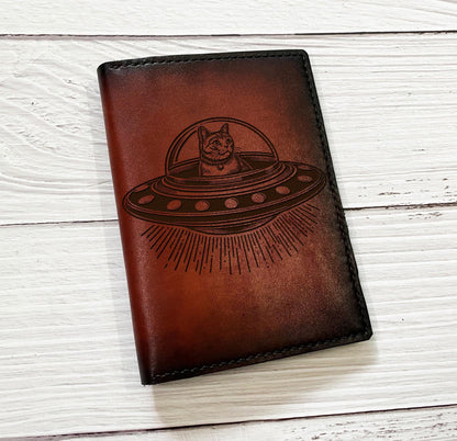 Handmade Leather Cat Ufo Wallet, Custom Engraved Anniversary Gift