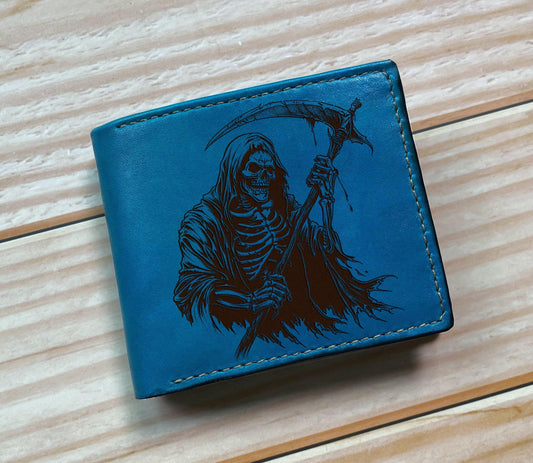 Grim Reaper Leather Wallet, Personalized Bifold Wallet, Handmade