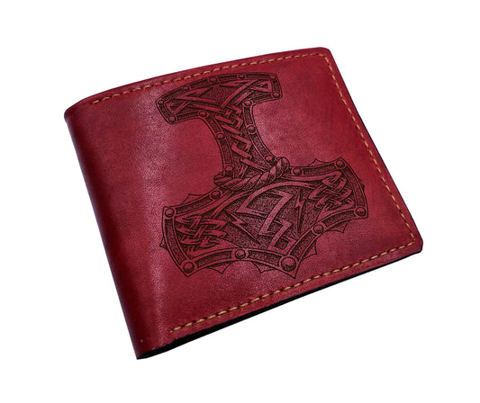 Handmade Leather Thor Hammer Wallet: Celtic Engraved Bifold