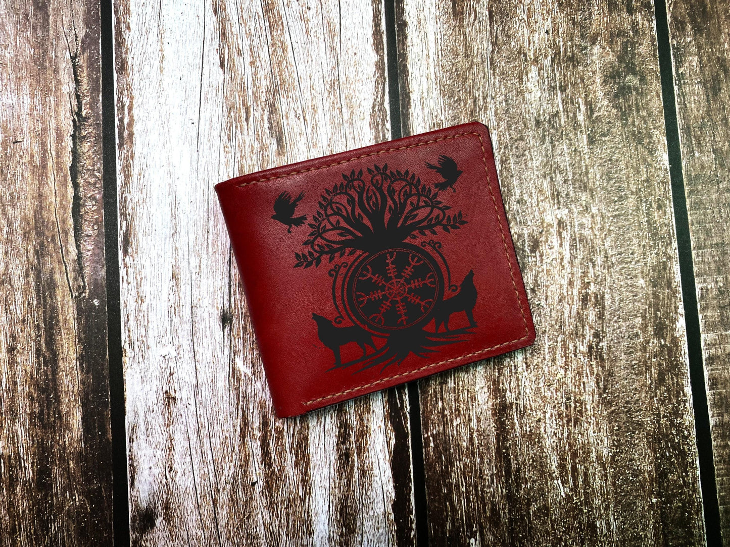 Custom Leather Wallet: Viking Tree Of Life Engraved, Personalized