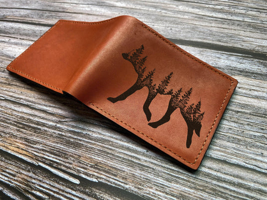 Custom Hunter Leather Bifold Wallet: Engraved Fox Wolf Art
