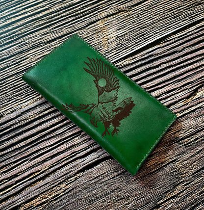 Custom Hunter Leather Bifold Wallet: Engraved Fox Wolf Art